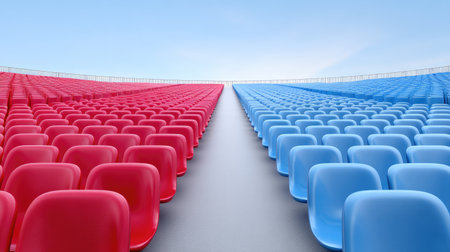 A captivating view of empty red and blue chairs in a stadium, creating a vibrant contrast against a clear blue sky. Ideal for various event themes.の素材