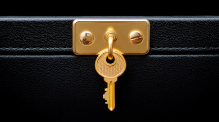 This image features a close-up view of a gold key inserted into a locking mechanism on a black leather briefcase, symbolizing security and sophistication.の素材