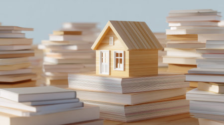 A wooden house model is placed on a stack of books, symbolizing the importance of education in real estate. This image captures the blend of knowledge and investment.の素材