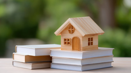 A charming wooden house model rests atop a stack of books, symbolizing the intersection of home, education, and creativity in a serene natural setting.の素材