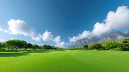 This breathtaking image captures a serene golf course with lush green grass, framed by majestic mountains and a bright blue sky dotted with clouds. Perfect for conveying tranquility and nature's beauty.の素材