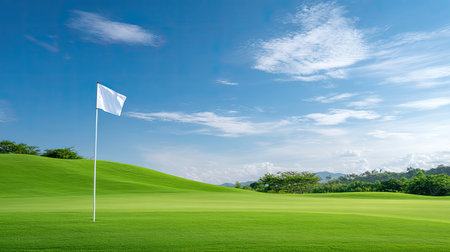 This serene golf course landscape captures a white flag gently waving against a bright blue sky, surrounded by lush green grass and rolling hills, inviting tranquility and leisure.の素材