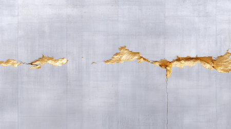 A close-up view of a cracked wall featuring a blend of silver and gold leaf textures, providing a modern and artistic background ideal for various creative projects.の素材