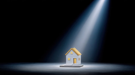 A minimalist model house illuminated by a spotlight in a dark environment, symbolizing dreams, real estate, and the essence of home.の素材