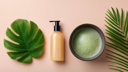 Capture the essence of natural skincare with this serene arrangement of an organic lotion, herbal bowl, and tropical leaves on a soothing peach backdrop.の素材