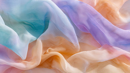 A beautiful close-up of delicate flowing fabric showcasing a harmonious blend of soft pastel colors, evoking a sense of elegance and tranquility.の素材