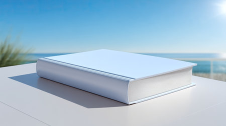 A blank book rests on a table inviting creativity against a backdrop of a tranquil ocean and bright sunlight, perfect for inspiration and relaxation.の素材