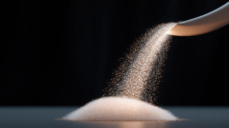 Close-up of fine white sugar pouring from a spoon, creating a mound on a dark surface. The motion captures the essence of sweetness and culinary artistry.の素材