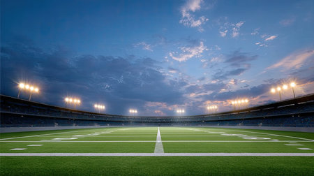 Experience the serene beauty of an empty football field illuminated by stadium lights, set against a stunning evening sky with dramatic clouds.の素材