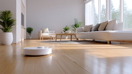 A modern living room featuring a robotic vacuum cleaner gliding across a sleek hardwood floor. Bright sunlight fills the space through large windows, enhancing the cozy and minimalist decor with elegant furniture and greenery.の素材