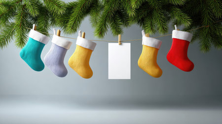 Colorful Christmas stockings appear on a string, showcasing vibrant colors, surrounded by festive pine branches, creating a cheerful holiday atmosphere.の素材