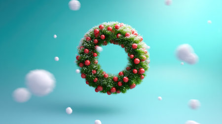 A stunning holiday wreath featuring lush greenery and bright red ornaments, surrounded by floating snowflakes, creating a festive atmosphere. Perfect for seasonal designs.の素材