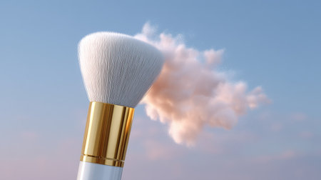 A stunning close-up of a makeup brush with delicate bristles creates a soft powder cloud against a gentle sunrise backdrop, showcasing elegance in beauty.の素材