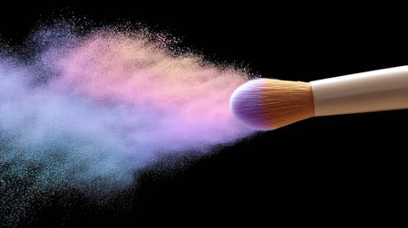 A striking image of a colorful cosmetic brush with vibrant powder particles bursting from the bristles, creating an artistic effect against a dark backdrop.の素材
