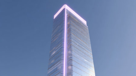 A stunning urban skyscraper featuring a sleek glass facade and vibrant LED lighting set against a clear blue sky. Ideal for modern architecture themes.の素材