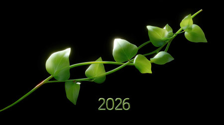 A stunning green vine with glossy leaves elegantly positioned against a black background, featuring the year 2026 prominently displayed. Perfect for creative and nature-themed visions.の素材