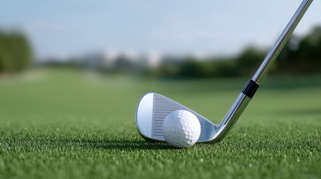 This image showcases a close-up perspective of a golf club poised above a white golf ball on vibrant green turf, highlighting the beauty of the sport.の素材