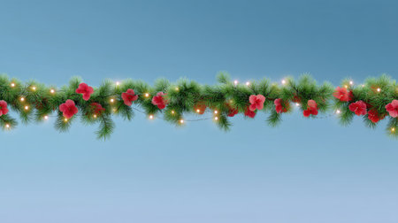 This stunning holiday garland features rich green pine needles adorned with vibrant red flowers, creating a festive decor piece against a soft blue background.の素材