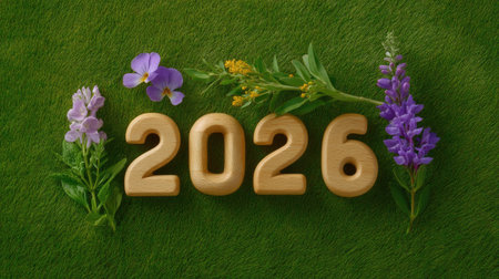 This artistic image features wooden numbers spelling out 2026, beautifully decorated with an array of colorful flowers on lush green grass. The vibrant scene symbolizes growth and celebration.の素材