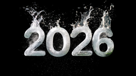 A stunning image showcases the year 2026 with splashes of water, creating artistic and dynamic visuals on a black background. Perfect for creative projects.の素材
