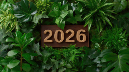 A stunning composition featuring the wooden numbers 2026 nestled among a variety of lush green plants, symbolizing growth and environmental beauty.の素材