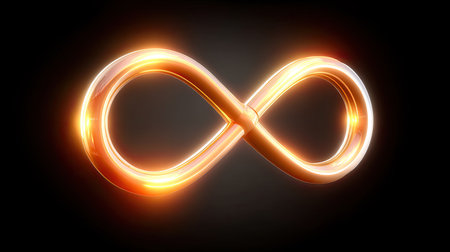 An artistic representation of a glowing infinity symbol set against a dark background. This image features shimmering light and elegant effects, symbolizing endless possibilities.の素材