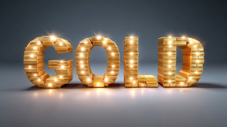 A striking 3D representation of the word "GOLD" crafted from glowing gold bars, set against a dark backdrop, symbolizing wealth, luxury, and prosperity.の素材