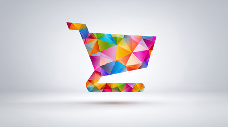 This vibrant shopping cart icon features a geometric design made of colorful triangular shapes, perfect for modern retail, e-commerce, and marketing visuals.の素材