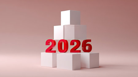 A visually striking arrangement of minimalist red blocks forming the numbers 2026 against a soft pink background, perfect for new year celebrations and modern themes.の素材