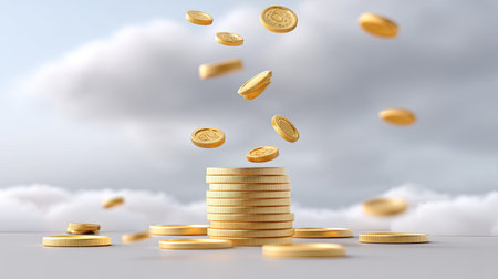 A striking image depicting golden coins stacked neatly with additional coins cascading from above, set against a dramatic cloudy sky backdrop. The scene symbolizes wealth, investment, and financial growth, ideal for themes related to economics and business success.の素材
