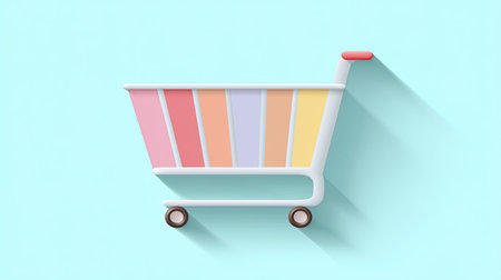 This vibrant illustration of a shopping cart features soft pastel colors and a playful design, perfect for digital retail and e-commerce applications.の素材