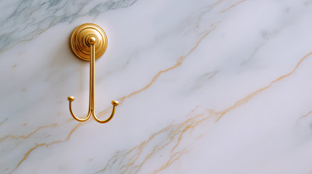 This image showcases an elegant gold hook mounted on a luxurious marble surface, featuring soft veins and subtle lighting, perfect for modern interior decor.の素材