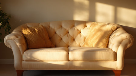 A luxurious beige sofa adorned with plush cushions sits elegantly in a sunlit living room, creating a warm and inviting atmosphere for relaxation and comfort.の素材