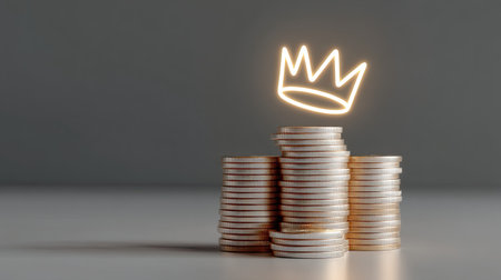 This image features a stack of coins topped with a glowing crown icon, representing concepts of wealth, prosperity, and financial success in a modern context.の素材
