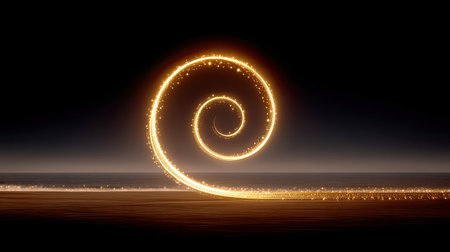 A captivating golden spiral light trail elegantly curves over a serene ocean horizon at twilight. This image combines contrasting darkness with ethereal beauty, creating a magical atmosphere that evokes tranquility and inspiration.の素材