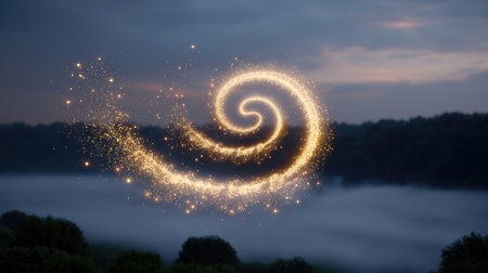 Enchanting swirling lights dance in the dusk, bringing a magical touch to the tranquil fog-clad landscape under a dreamy sky.の素材