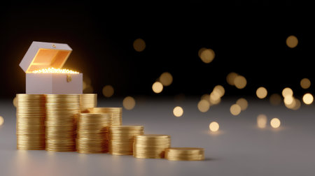 A captivating display of stacked golden coins with a glowing treasure chest. The soft light creates an ambiance of wealth, success, and luxury.の素材