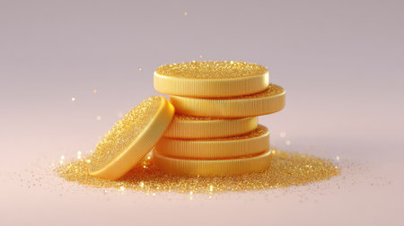 A visually striking arrangement of shiny gold coins stacked on each other, surrounded by sparkling glitter, symbolizing wealth, success, and luxury.の素材
