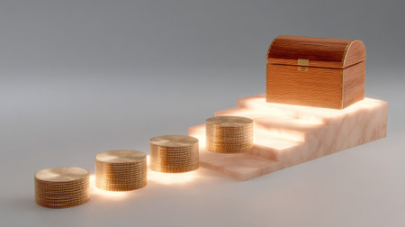 This captivating image features a wooden treasure chest positioned on illuminated steps, complemented by gold coins, symbolizing financial success and growth.の素材