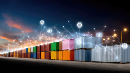 A vibrant display of shipping containers illuminated at night, showcasing digital connectivity through symbolic icons, representing modern logistics and trade technology.の素材