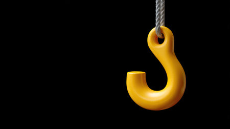 This image showcases a bright yellow hook suspended from a sturdy rope against a stark black background. Ideal for themes related to construction and industrial work.の素材