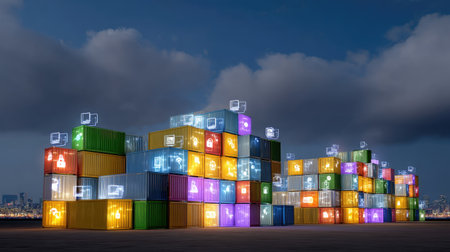 A striking night scene featuring tall stacks of brightly colored shipping containers adorned with digital icons representing security and technology.の素材