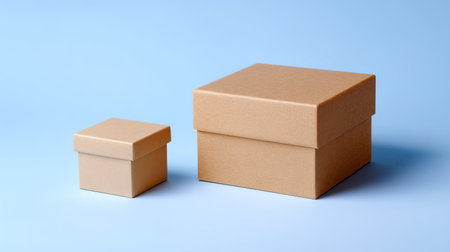Two brown cardboard gift boxes sit on a light blue background, showcasing various sizes for versatile packaging and decorative uses, enhancing any occasion.の素材