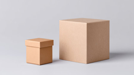 This image features minimalist brown craft boxes in various sizes on a neutral gray background. Ideal for showcasing packaging concepts, retail ideas, and eco-friendly products.の素材