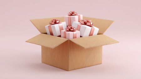 This image features a beautifully arranged open cardboard box containing decorative gift boxes with pink bows, perfect for celebration themes.の素材