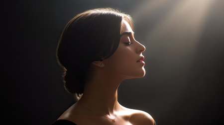 Captivating profile portrait of an elegant woman illuminated by soft light, creating an atmosphere of tranquility. The dark background enhances her serene expression.の素材