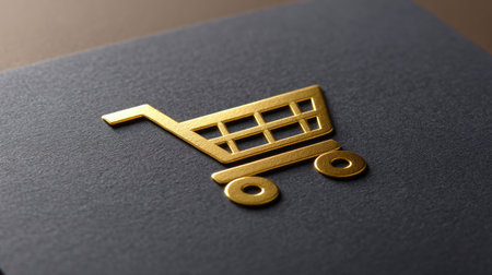 This elegant gold shopping cart icon rests on a dark textured background, perfect for representing e-commerce and retail themes in modern design projects.の素材