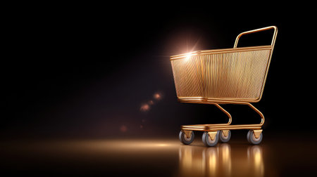 This image features a golden shopping cart illuminated with soft reflections against a black background, perfect for concepts related to retail and e-commerce.の素材