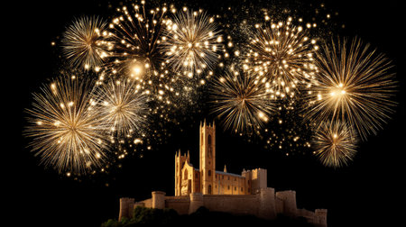 This captivating image features a majestic castle illuminated by a dazzling fireworks display, creating a stunning visual spectacle against the night sky.の素材