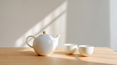 This image features a stylish white teapot accompanied by two delicate tea cups on a smooth wooden table, bathed in soft natural light, creating a tranquil atmosphere.の素材